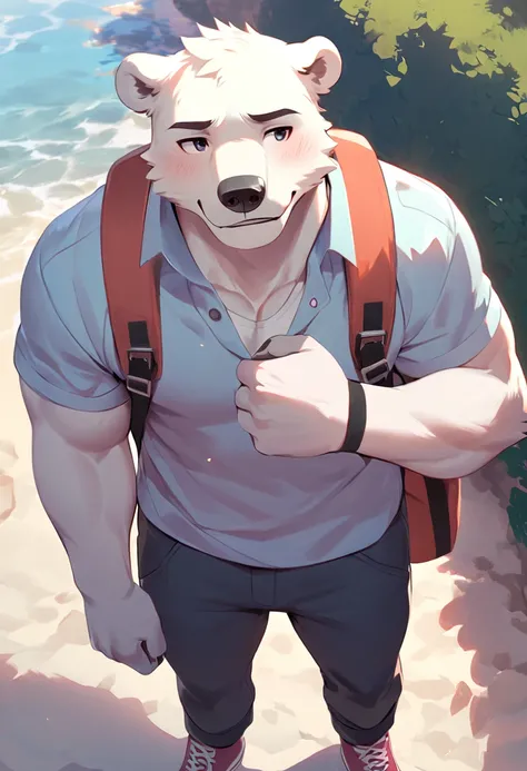 polar bear, 1boy, male, solo, (muscle:0.3), big tits, pecs, shy face, casual clothes, backpack, pan left angle, look away