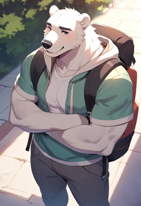 polar bear, 1boy, male, solo, (muscle:0.3), big tits, pecs, shy face, casual clothes, backpack, pan left angle, look away