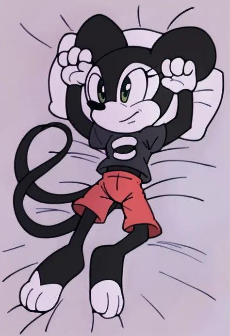 Mickey Mouse, female, green eyes, solo, black fur, on bed, footpaws, masterpiece, good anatomy, laying on back, top down view, long tail, mouse, black shirt, red shorts