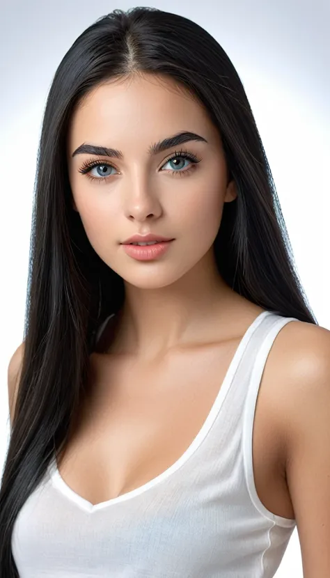 A photorealistic portrait of a 21-year-old Columbian-American woman with a supermodelline, long straight black hair, and hooded grey eyes wearing a white top and blue jeans. She should have seductive natural high arch black eyebrows, thick eyelashes, and a...