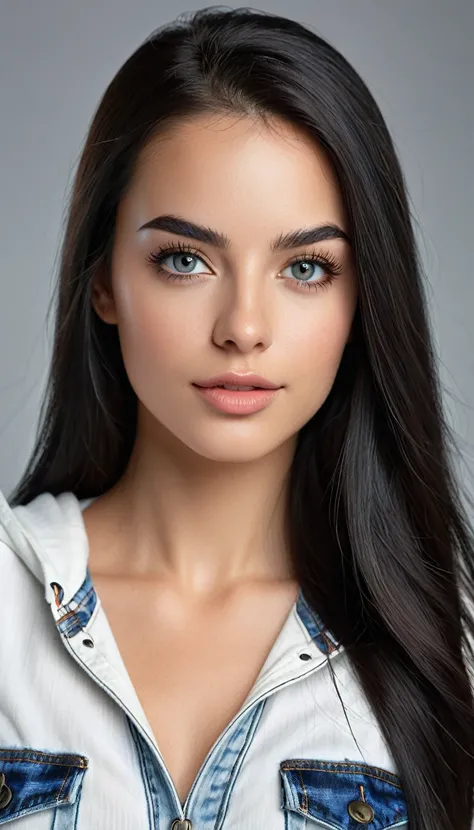 A photorealistic portrait of a 21-year-old Columbian-American woman with a supermodelline, long straight black hair, and hooded grey eyes wearing a white top and blue jeans. She should have seductive natural high arch black eyebrows, thick eyelashes, and a...