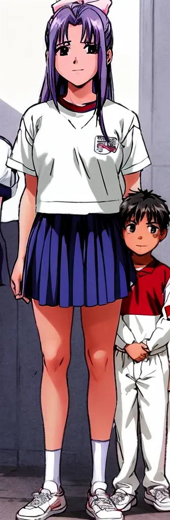 Momoko Koigakubo, a tall girl with beautiful legs, is standing there smiling in her white gym clothes and light navy blue bloomers that look like panties.。In front of Momoko Koigakubo, a smiling second-grade boy is standing next to her in a tracksuit and i...