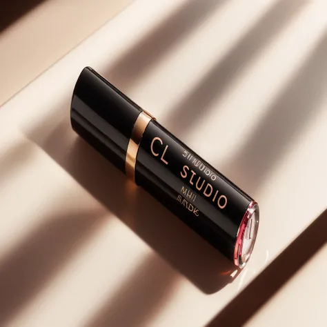 a close up of a lipstick on a table with a shadow, studio product shot, studio product photography, studio packshot, close - up studio photo, studio shot, studio quality product, product studio lighting, lipgloss, professional product shot, dramatic produc...