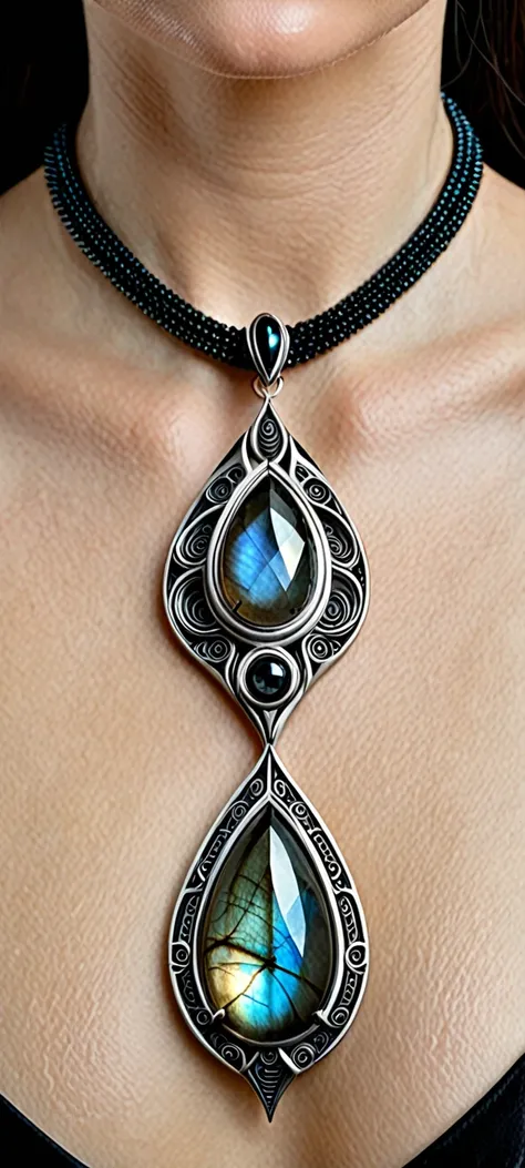 A high detailed jewellery design for a neckless, the center peice is a large teardrop shaped labradorite stone. The style is dark and futuristic, inspired by the art of HR Giger. 