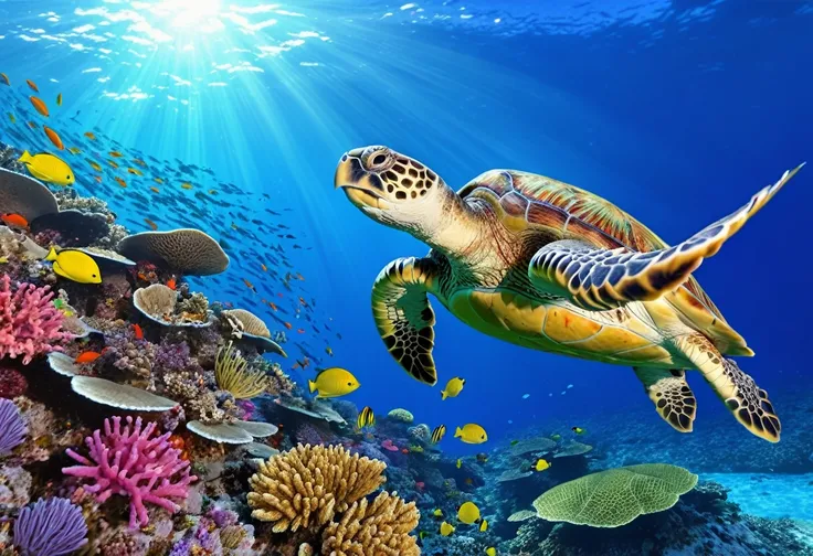 the sea is々various sea animals are swimming, tropical sea creatures, tropical reef, sea turtle, 4 k high-resolution wallpapers v...