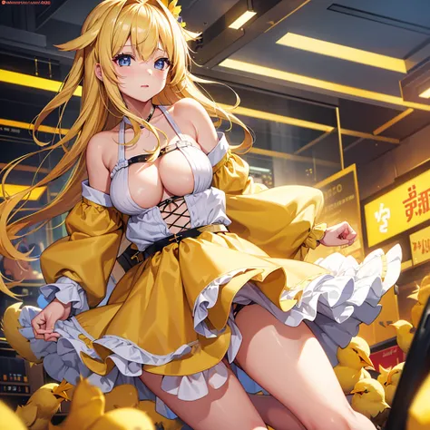 high quality、Yellow chicks、Personification、1 girl、Sexy F cup、The chest is exposed.Blonde girl