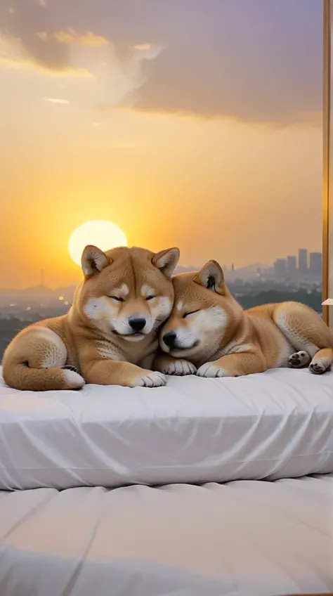 With the sunset in the background,(masterpiece:1.2, high quality), Sleeping together in bed２Shiba Inu puppies、