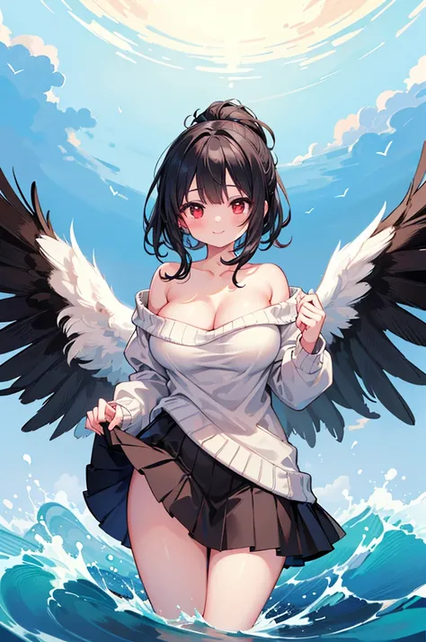 Fantasy,((Masterpiece)),((high resolution)),((Best Quality)),Anime illustration,(((1girl))),(wavy hair),(short hair),(black hair color),small ponytail,Red eyes,(Big round eyes),((tareme)),15 years old,((baby face)),((very big breasts)),Short stature,,Off-t...