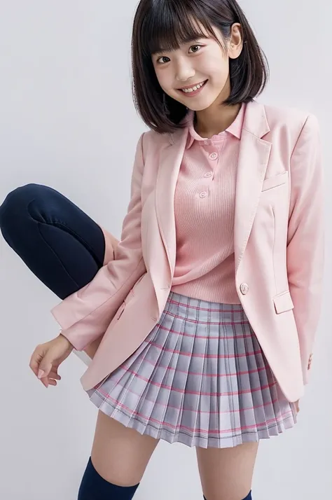 japanese , girl , age18  , pink hair , smile ,bangs , plump , standard height , pink , pink blazer , pink checked pleated long skirt , full body , standing , navy ankle socks , black school-loafer ,white background