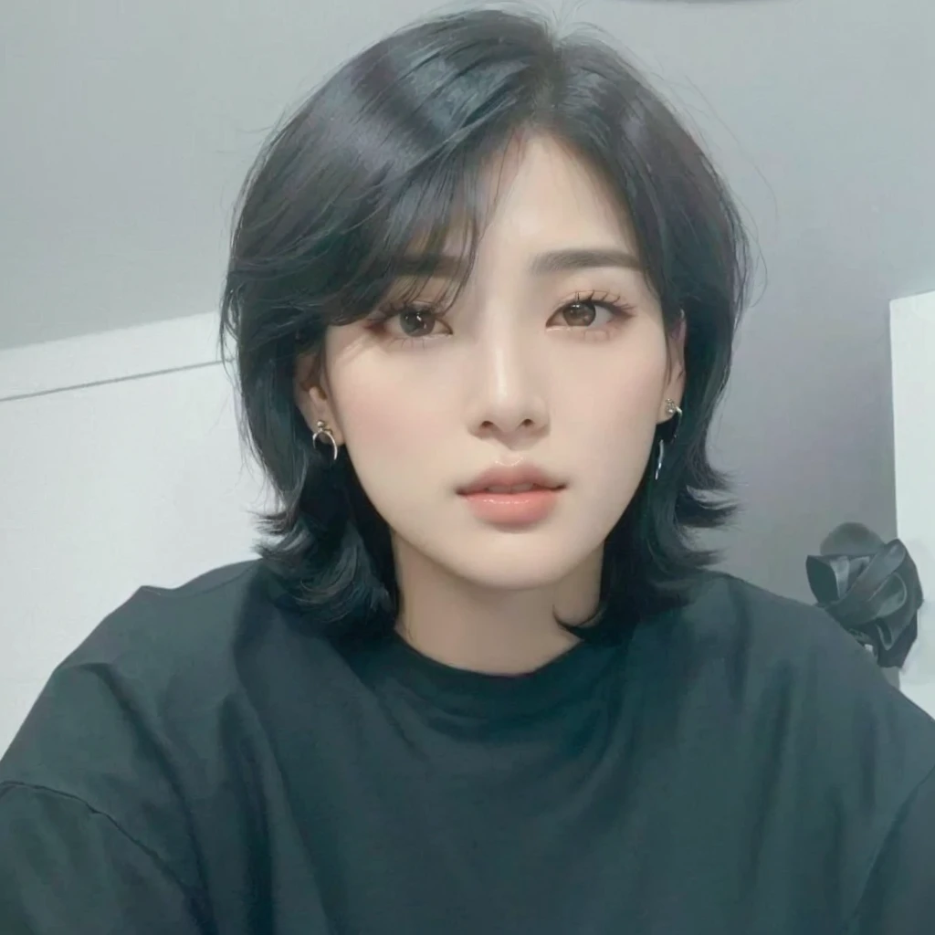 Arafed Asian woman wearing black shirt and earrings sitting in front of a mirror, with short hair, profile headshot, with the same hairstyle, taken in the early 2020s, pale korean adorable face, korean symmetrical face, profile picture, she has black hair ...