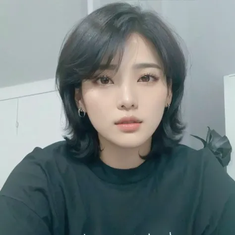 Arafed Asian woman wearing black shirt and earrings sitting in front of a mirror, with short hair, profile headshot, with the same hairstyle, taken in the early 2020s, pale korean adorable face, korean symmetrical face, profile picture, she has black hair ...