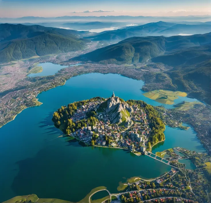 City on mountain lake photographed from the air, skyline