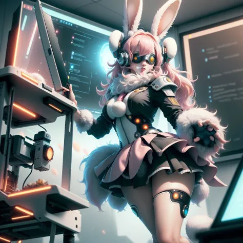 Best quality, masterpiece, extreme detail, 8K, official art, bunnytech, fluffy, futuristic sci-fi, (scholar), (projector), (whiteboard class), (teaching laser pointer), scroll, (a middle-aged tutor Wearing rabbit head mask), (solo), (full body shot), long ...