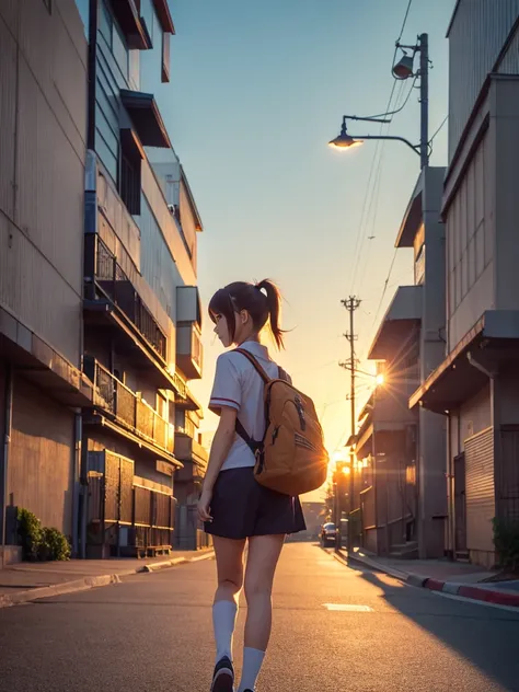 ((anime style)), (japanese high school girl), (evening scene), (walking home from school), (gym uniform), (short pants), (well-endowed figure), short sleeves, urban street, warm sunset lighting, (tired expression), school bag, (detailed background), soft c...