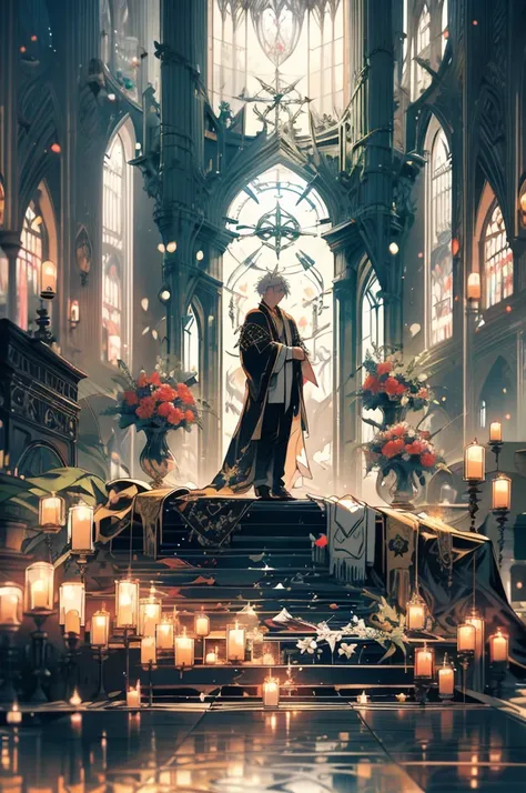 (full body) 1 man 40 years old, muscular, broad shoulders, very tall, short and spiky platinum blonde hair, green eyes, tanned skin, defined square jaw, light facial hair, (Green priest clothing), in a church, gentle smile, flowers, leaves,