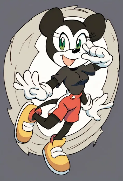 mickey mouse, female, green eyes, solo, black fur, yellow shoes, masterpiece, good anatomy, long tail, black shirt, red shorts, ...