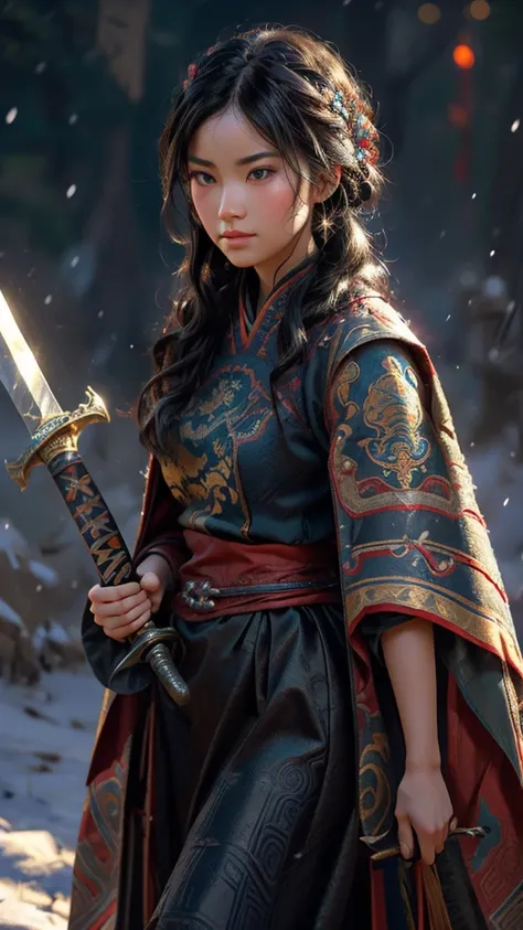 a 3d render (close-up of mulan holding a sword), （a sword that glows with cold light：1.2），（a sword with a dragon pattern），the su...