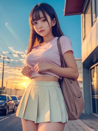 Beautiful school girl, Anime Style, Detailed face, Wearing short-sleeved gym clothes,Large bust, Wearing shorts, Coming home from school, Sunset lighting, Warm evening atmosphere, Detailed background with school and street elements, High detail, 8K resolut...