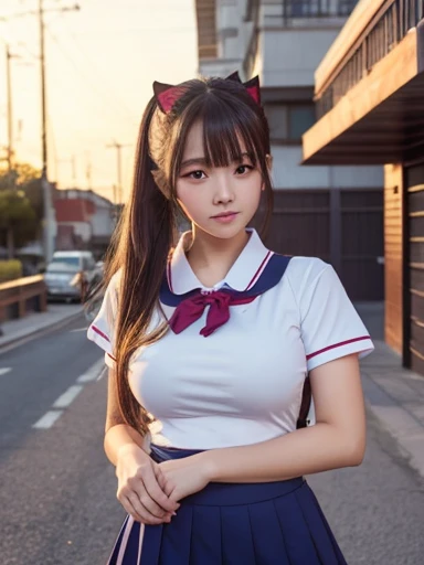 Beautiful school girl, Anime Style, Detailed face, Wearing short-sleeved gym clothes,Large bust, Wearing shorts, Coming home from school, Sunset lighting, Warm evening atmosphere, Detailed background with school and street elements, High detail, 8K resolut...