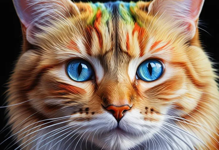 painting of a cat with a colorful face and eyes, airbrushing painting by zahari sograph, shutterstock, fur art, cat. digital pai...