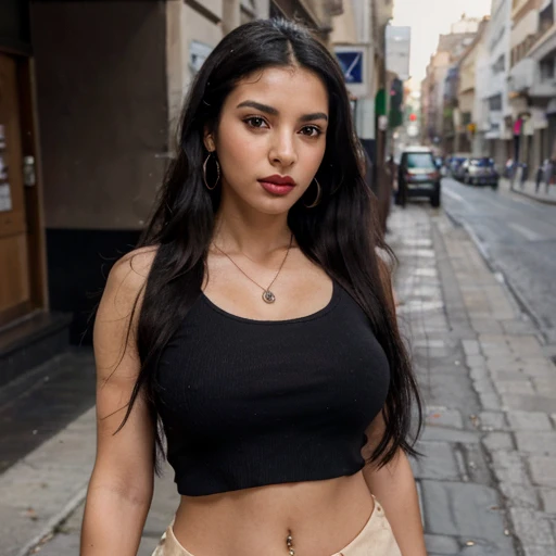 Ultra realistic image of a 24 Years old latino girl on the street with long Black hair, Red lips, dark blue top and beige skirt, she wears necklace and earrings, and piercing in her belly button