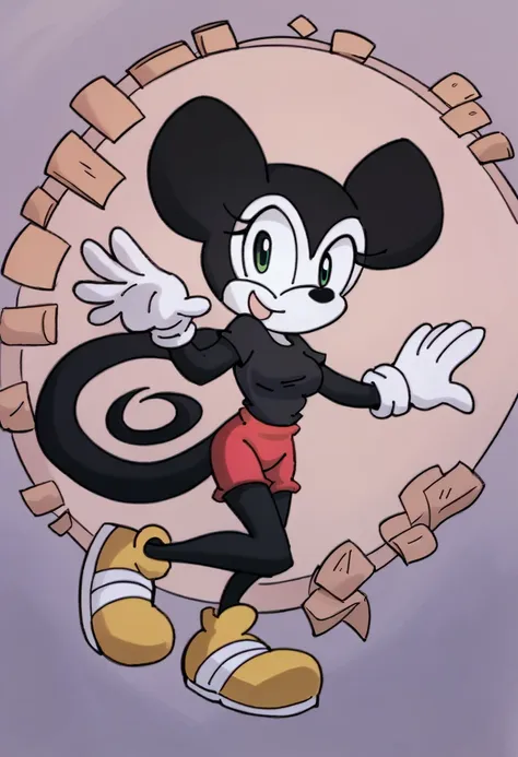 mickey mouse, female, green eyes, solo, black fur, yellow shoes, masterpiece, good anatomy, long tail, black shirt, red shorts, ...