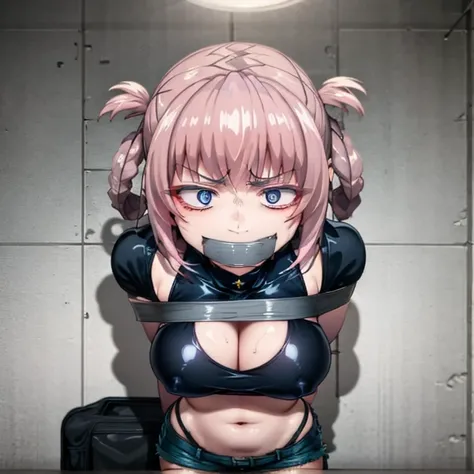 best quality, (masterpiece:1.2), highly detailed,
Dungeon background, 
1girl, solo, 
nanakusa nazusa, annoyed, nervous
 looking at the viewer, mouth gagged, mouth taped, fang,
blue eyes, pink hair, hair rings, 
sleeveless turtleneck, cleavage cutout, navel...