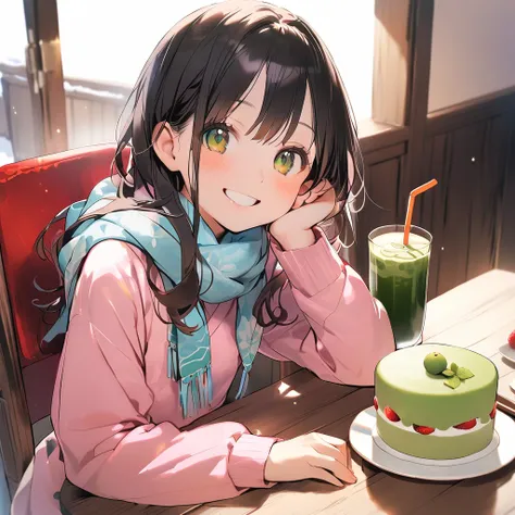 A cute , 12year old, smiling, happy, sitting on the chair, front of her table, japanese matcha cake, cold drink, background kitchen, 