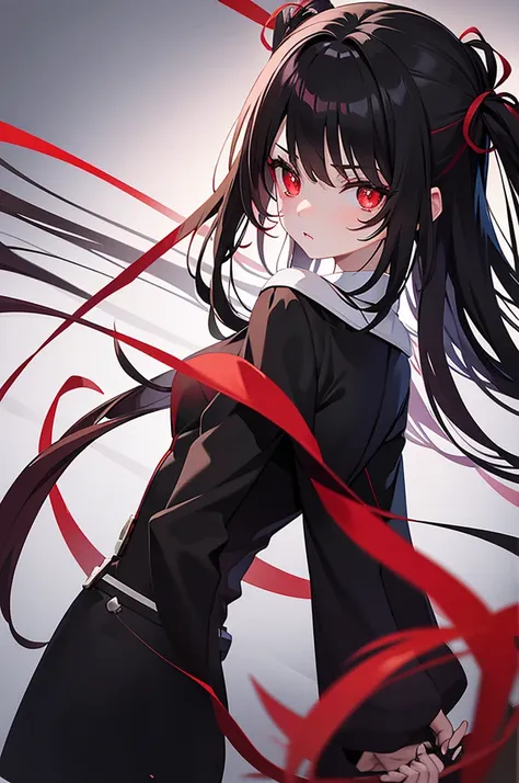 ten girls with black and red uniform and red eyes with black pupils, ten beautiful girls