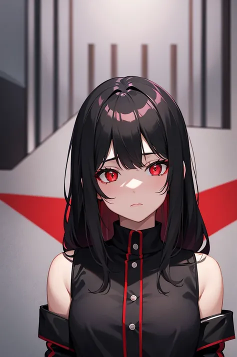 ten girls with black and red uniform and red eyes with black pupils, ten beautiful girls