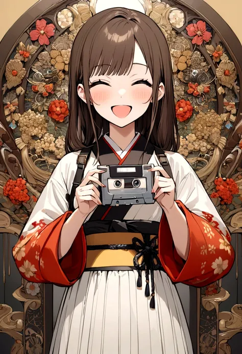 very beautiful 18 years old japanese woman,holding old cassette tape,cassette tape facing front,woman looks very happy,brown hair,highest quality,high resolution,