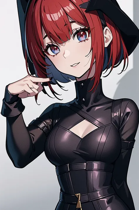 a beautiful girl with red hair wearing a black dress, detailed facial features, bob haircut, full body illustration, woman weari...