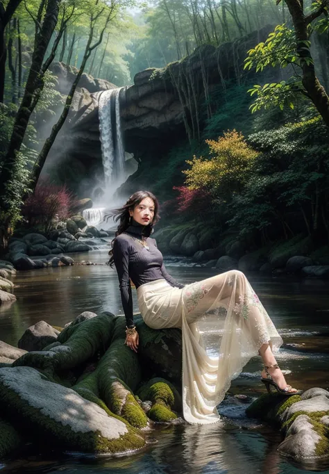 1girl,posture model,(portrait of a full body:1), sitting, book,slg,forest,waterfall, river,path,
(stochastic angle, stochastic p...