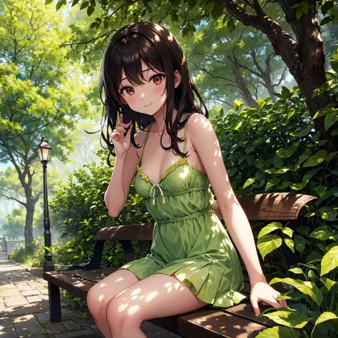 nsfw, sexy, erotic, a highly detailed and realistic anime-style illustration of a girl in a swimsuit under lush summer trees, se...