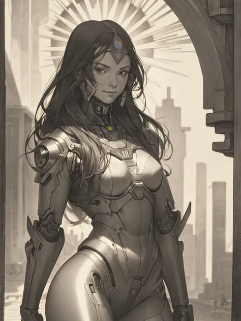 ultradetailed, black and white, sexy female cyborg,  black hair, sun at sunrise behind her, an engraving in black and white by a...