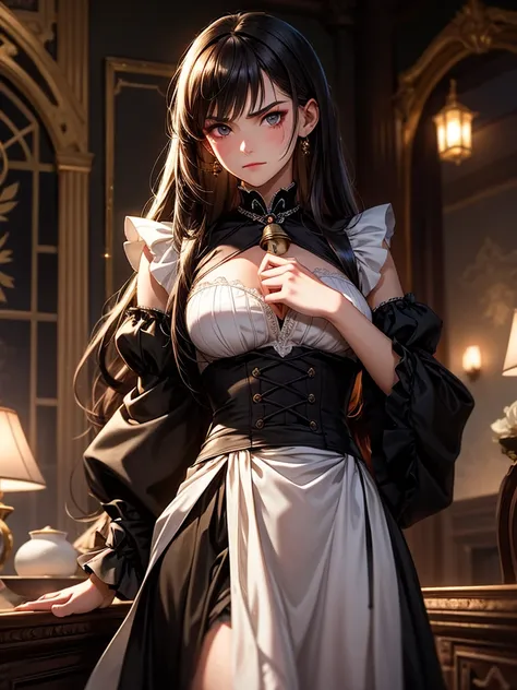 Always detailed face, Perfect lighting, Highly detailed CG, (Perfect hands, Perfect Anatomy),Super detailed,　Junior high school student long hair straight hair、Dark Gothic Makeup、Dark smile、Restless Palace、Expression of sexual arousal、The beauty of fragran...