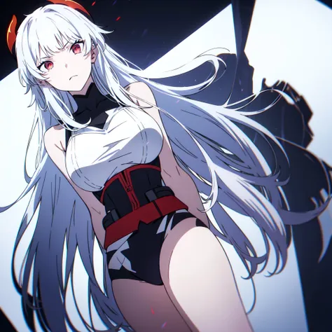 an 18-year-old girl with white hair and red eyes, white skin, big breasts, black underwear,