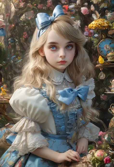 1 girl, Masterpiece, best quality, 8K, Fine texture, Fine fabric, Beautifully detailed face, complicated details, Very detailed, Alice in Wonderland, (bow on her head:1.1), upper body