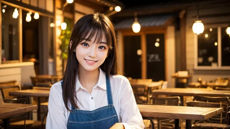 Cute girl working at a cafe terrace　Japanese　１９age　
Professional Lighting　Digital SLR　Beautiful and elaborate face　Perfect and beautiful face　Big eyes Smile