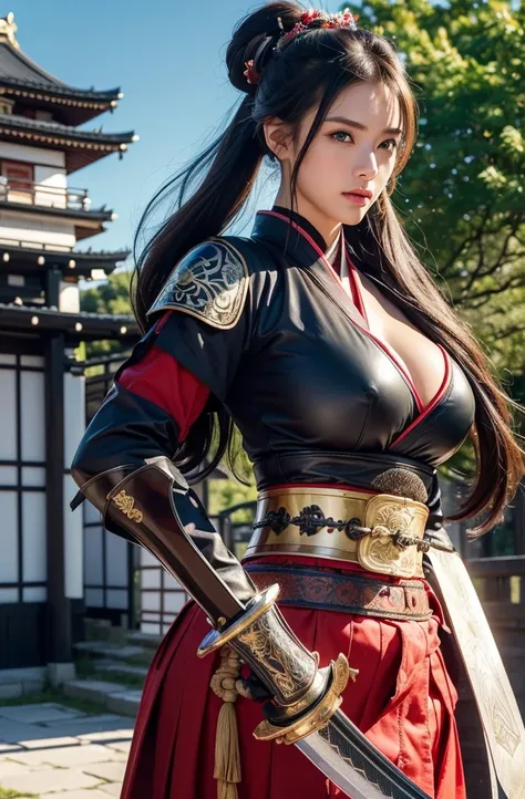 ((8K, Highest quality:1.2))、((masterpiece)), Beautiful woman, (Attractive Asian Model:1.0)、(((Japanese Armor)))、(((Hakama)))、(((Armor from the Warring States Period))), (((Holding a Japanese sword)))、((Samurai holding a sword))、((Colorful armor))、((Images ...