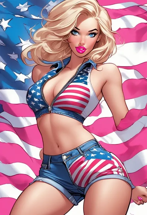 A girl with blonde hair, blue eyes, thick lips, pink lipstick, Bikini with American flag print , tight short denim shorts with the zipper open showing her pantie, Comic style 