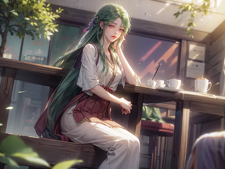 green hair, purple eyes, school clothes, sitting in a cafe
