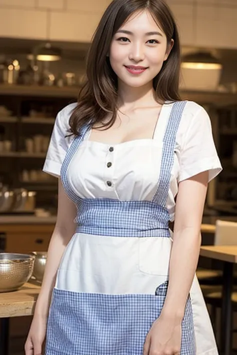 ooki masterpiece、Highest quality、Ultra-high resolution、(Photorealistic:1.6)、1 girl、(Long Hair:1.5)、(round face:1.3)、(Gingham check suspender apron:1.3)、(Plain blue high waist skirt:1.3)、(Apron skirt:1.2)、(White blouse:1.3)、(Double-breasted、Underbust:1.2)、S...