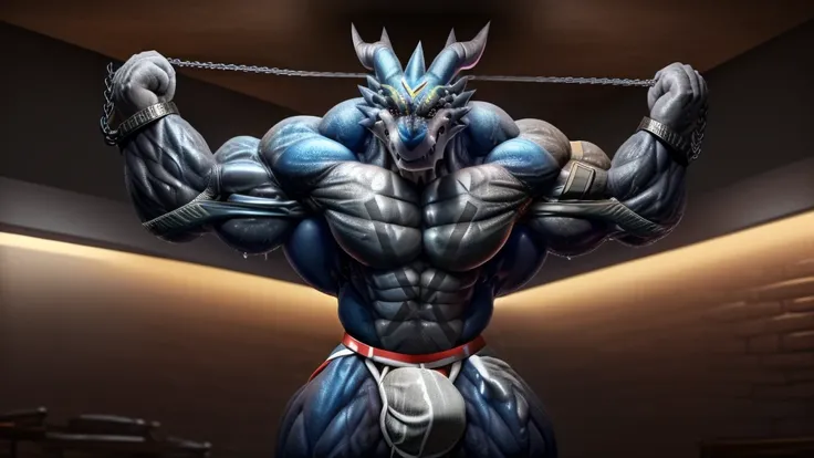 extremely muscular (exveemon) in a ((bedroom)). (torn clothing), broad shoulders, big biceps, big pecs, big thighs, male focus, detailed eyes, high quality, best quality, photorealistic, sharp focus, good lighting, (extremely large and oversized bulge:1.3)...