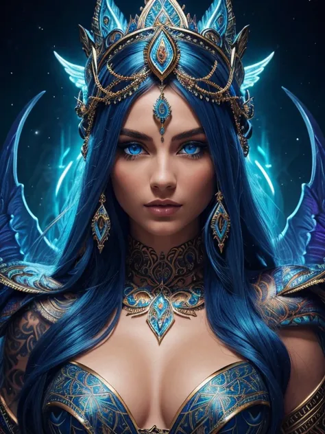 A beautiful detailed woman with striking blue eyes, sharp features, elaborate headdress, ornate jewelry, intricate body tattoos, surrounded by mythological creatures, fantasy landscape, glowing energy field, vivid colors, dramatic lighting, masterpiece, ph...