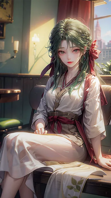 green hair, purple eyes, school clothes, sitting in a cafe
