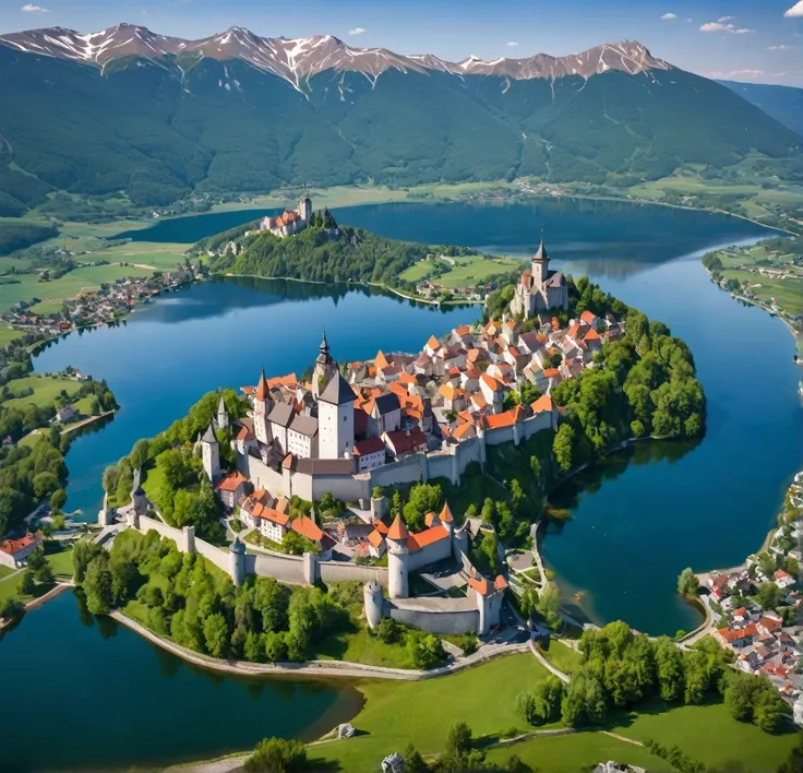 Medieval small town with castle in the centre of the town on a mountain lake photographed from the air, skyline, no island 