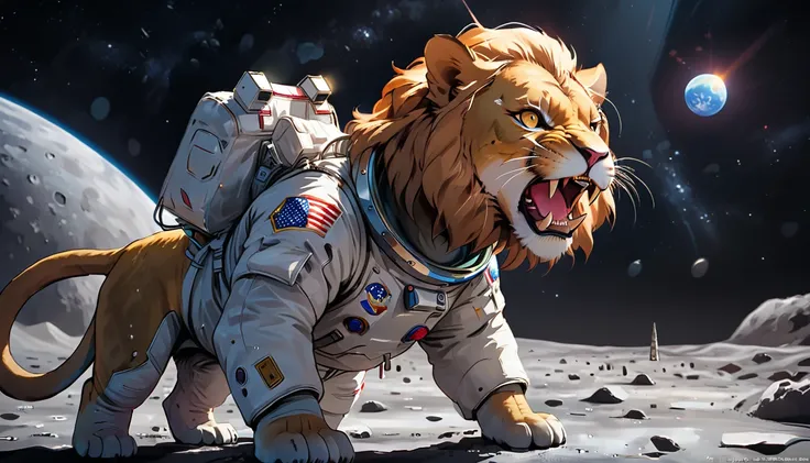 Arafed a picture of a anthomorph lion astronaut he stands on the moon (roaring: 1.3), open maw, mouth opened sense awe, sense of might, king of space, to space, an epic (anthomorph lion: 1.3), Ultra detailed head, open maw, best detailed head(wearing astro...