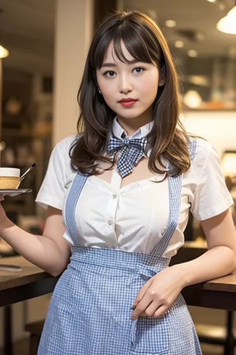 ooki masterpiece、Highest quality、Ultra-high resolution、(Photorealistic:1.6)、1 girl、(Long Hair:1.5)、(round face:1.3)、(Gingham check suspender apron:1.3)、(Plain blue high waist skirt:1.3)、(Apron skirt:1.2)、(White blouse:1.3)、(Double-breasted、Underbust:1.2)、S...