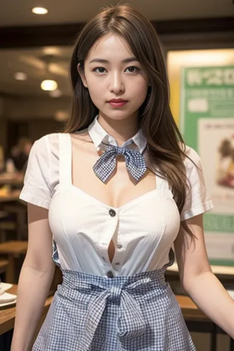 ooki masterpiece、Highest quality、Ultra-high resolution、(Photorealistic:1.6)、1 girl、(Long Hair:1.5)、(round face:1.3)、(Gingham check suspender apron:1.3)、(Plain blue high waist skirt:1.3)、(Apron skirt:1.2)、(White blouse:1.3)、(Double-breasted、Underbust:1.2)、S...